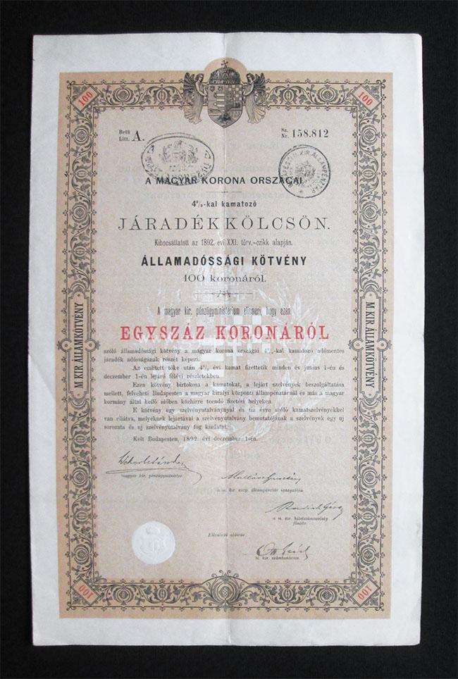 Államadóssági kötvény járadékkölcsön 100 korona 1892